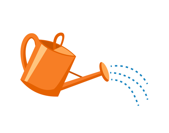 Orange plastic watering can with water.