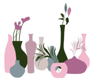 Set of abstract vases with palm leaves and dried flowers.Pastel colored hand drawn illustration. Decorative floral design elements for scrapbooking,patterns.