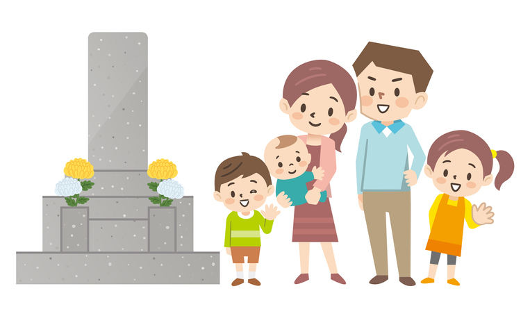Illustration of a family visiting a grave